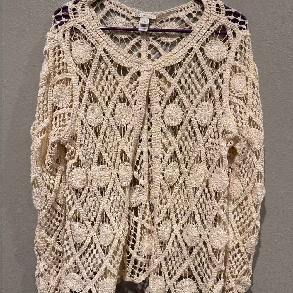 Cato Crochet Cardigan XL | Boho Open Knit | Button Front